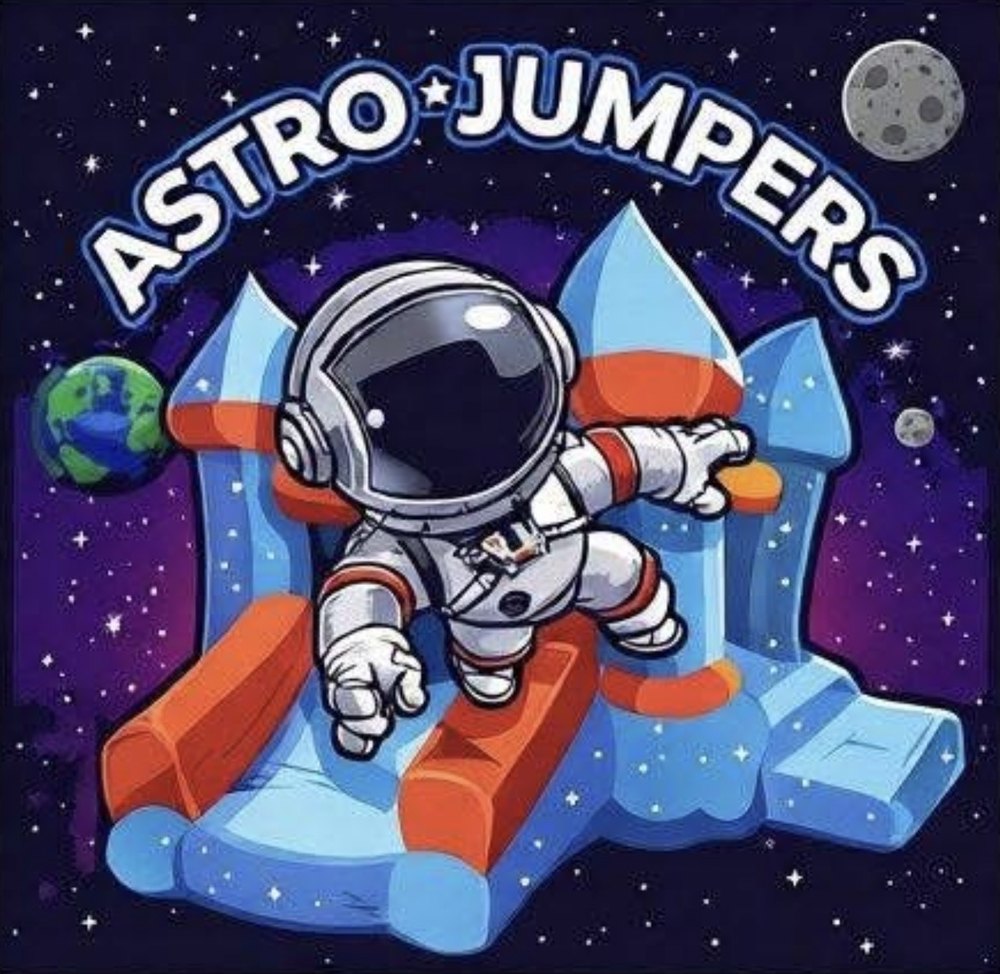 Astro Jumpers logo: a cartoon astronaut on a blue and orange bounce house in outer space